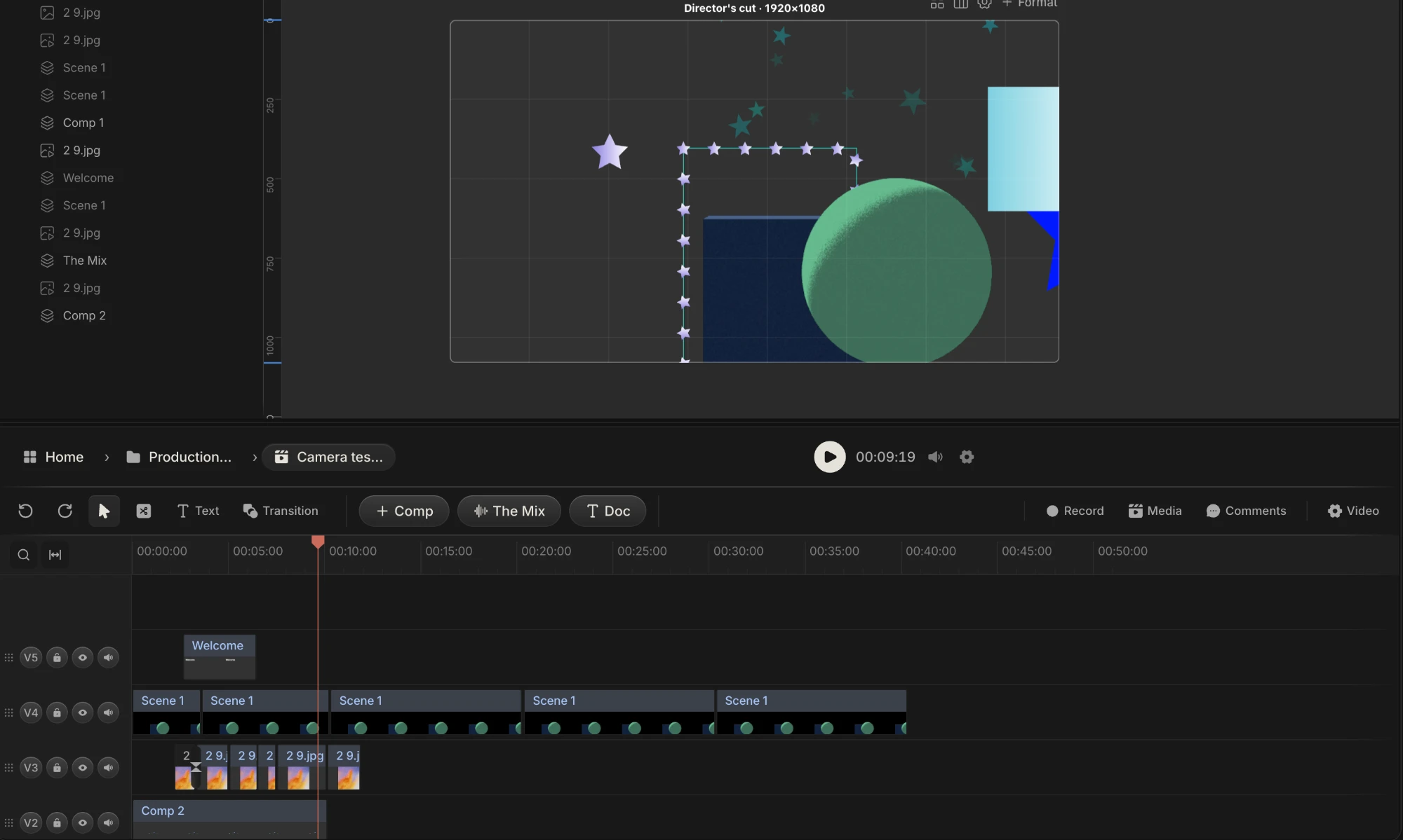 Spring Pro editor: a multi-track timeline with scenes, compositions and the director's cut viewer